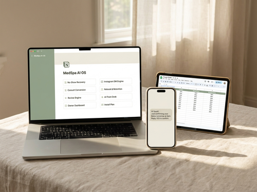 MedSpa AI Operating System dashboard mockup showing the 8 modules across a laptop, iPhone with appointment reminder, and KPI dashboard tablet