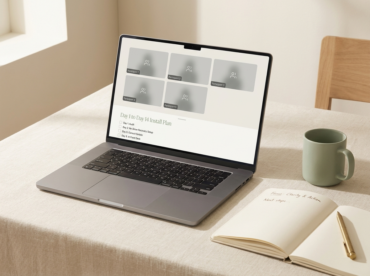 The 14-Day MedSpa AI Install Sprint coaching call mockup with the day-by-day install checklist
