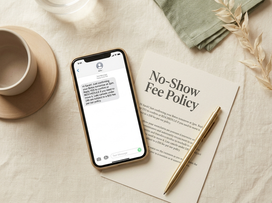 Free Med Spa No-Show Recovery Kit — iPhone showing the SMS reminder template alongside the printed no-show fee policy document